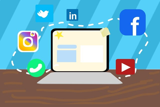 computer with social media icons around it